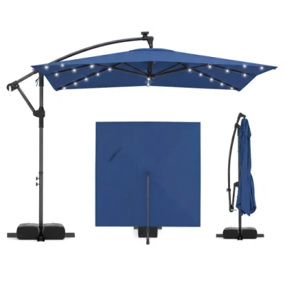 Costway 8 X 8 Square Ft Solar Led Offset Cantilever Patio Umbrella With 360° Rotation-navy In Blue