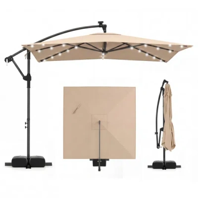 Costway 8 X 8 Square Ft Solar Led Offset Cantilever Patio Umbrella With 360° Rotation-rustic Brown