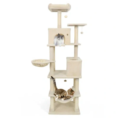 Costway 80 Inches Tall Cat Tree With 2 Large Condos And Dangling Toys-beige In White