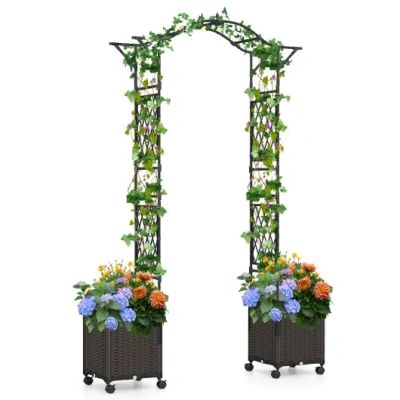 Costway 82 X 99 Inch Garden Arch Trellis With 2 Self-watering Planter Boxes Wheels-black In Multi