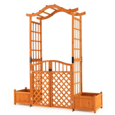 Costway 83" Garden Arbor With Gate And 2 Planter Boxes-yellow In Brown