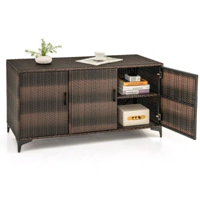 Costway 84 Gallon Patio Wicker Deck Box 3-door Pe Rattan Storage Container With Removable Shelves-brown