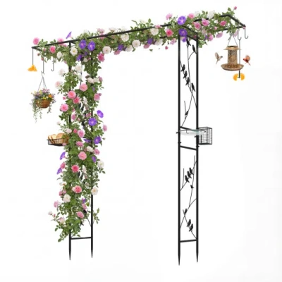 Costway 84 Inch Garden Arbor Feeding Station With Water Bowl And Mesh Tray-black In Multi