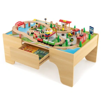 Costway 84-piece Wooden Train Set With Reversible And Detachable Tabletop In Brown
