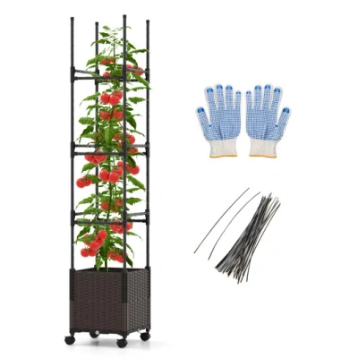 Costway 87 Inch Tall Raised Garden Bed With Plant Box Trellis And Lockable Wheels Adjustable Height In Brown