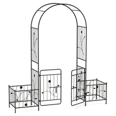 Costway 87 Inches Garden Arbor With Lockable Gate Side Planters-black
