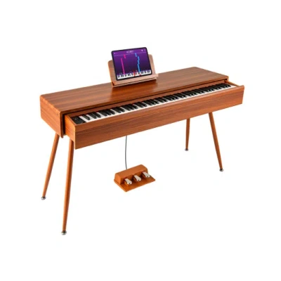 Costway 88-key Graded Hammer Action Weighted Keyboard With Push-pull Drawer-brown