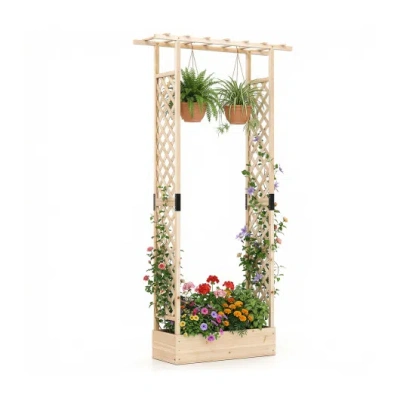 Costway 89 Inch Tall Wooden Raised Garden Bed With Side Trellis And Hanging Roof Drainage Holes-natural In Brown