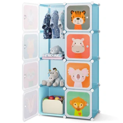 Costway 8-cube Kids Wardrobe Closet With Clothes Hanging Section And Doors-blue