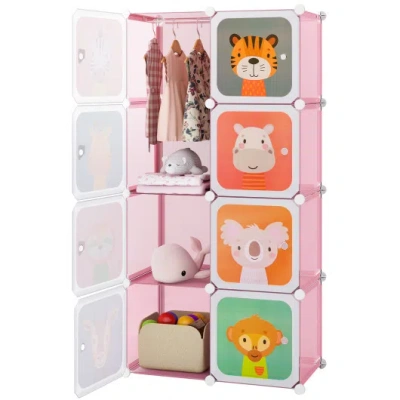 Costway 8-cube Kids Wardrobe Closet With Clothes Hanging Section And Doors-pink