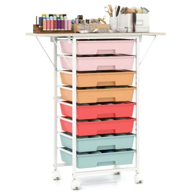 Costway 8-drawer Rolling Cart With Wooden Tabletop And Folding Side Panels For Living Room-macaron