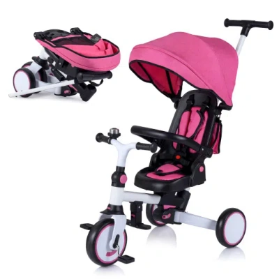 Costway 8-in-1 Folding Kids Tricycle With Removable Canopy And Push Handle-pink In Multi