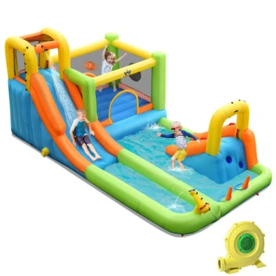 Costway 8-in-1 Inflatable Water Slide Bounce House With Splash Pool And 735w Blower In Green
