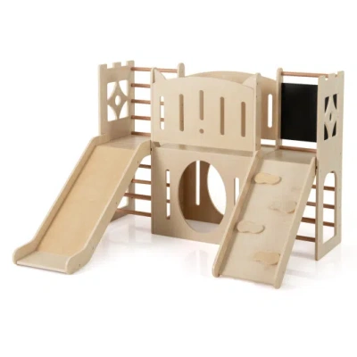 Costway 8-in-1 Toddler Slide Wooden Indoor Playground With Climber And Chalkboard-natural In Multi