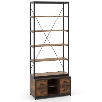 Costway 8-tier Bookshelf With 4 Fabric Drawers And Heavy-duty Metal Frame-coffee In Black