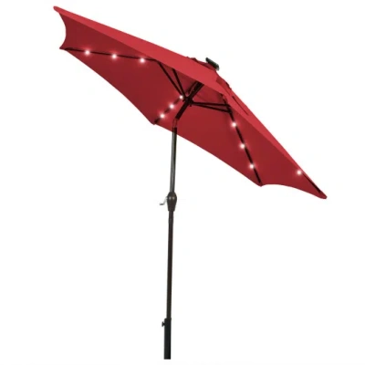 Costway 9 Feet Solar Led Lighted Patio Market Umbrella Tilt Adjustment Crank Lift-dark Red