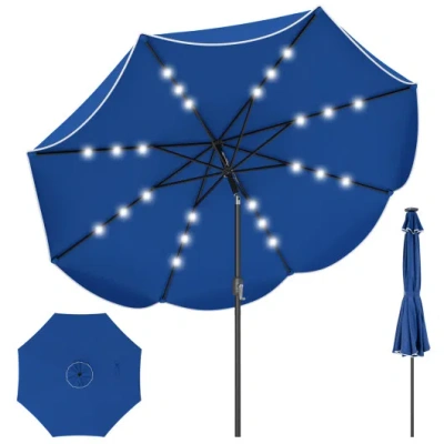 Costway 9 Ft Scalloped Solar Patio Umbrella Market Table Umbrella With 24 Led Lights-navy In Blue