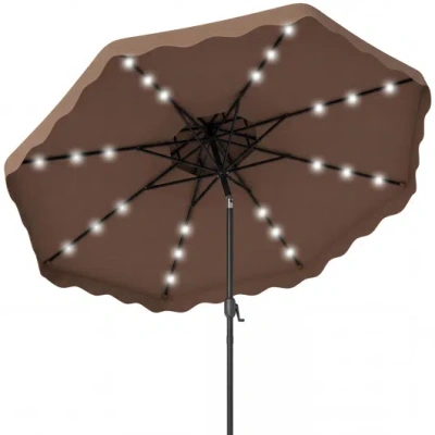 Costway 9 Ft Solar Led Patio Umbrella Push-button Tilt And Crank 24 Led Lights And 8 Ribs-brown