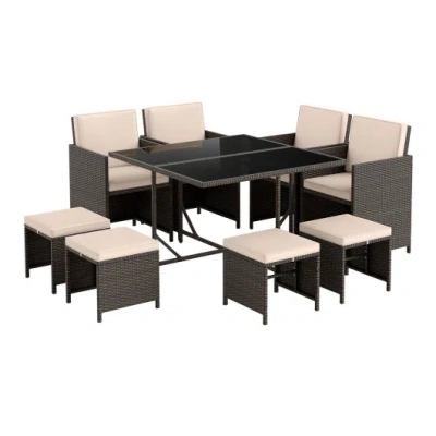 Costway 9 Piece Patio Dining Set With Tempered Glass Table And Ottoman-beige In Multi