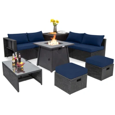 Costway 9 Piece Weatherproof Rattan Patio Conversation Set With 30 Inches Propane Fire Pit Table And Dust Co In Blue