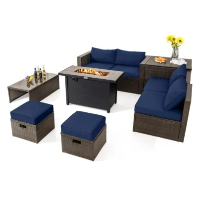 Costway 9 Pieces Outdoor Patio Furniture Set With 42 Inch Propane Fire Pit Table-navy In Multi