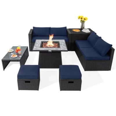 Costway 9 Pieces Outdoor Wicker Sectional With 35 Inch Gas Fire Pit Table-navy In Multi