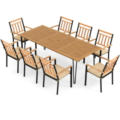Costway 9 Pieces Patio Dining Outdoor Furniture Set With 8 Chairs And Umbrella Hole In Brown