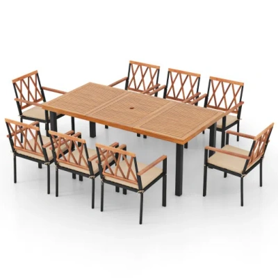 Costway 9 Pieces Patio Dining Set 39.5 Inch Acacia Wood Table With Umbrella Hole And 22.5-inch Wide Chairs In Brown