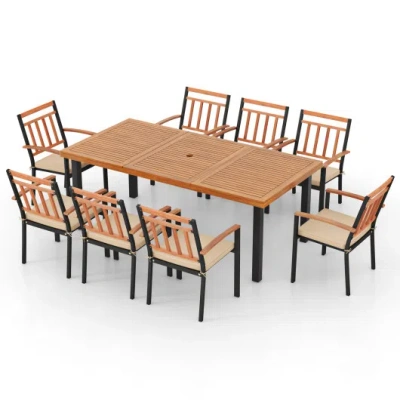 Costway 9 Pieces Patio Dining Set 39.5 Inch Acacia Wood Table With Umbrella Hole And 24-inch Wide Chairs In Multi