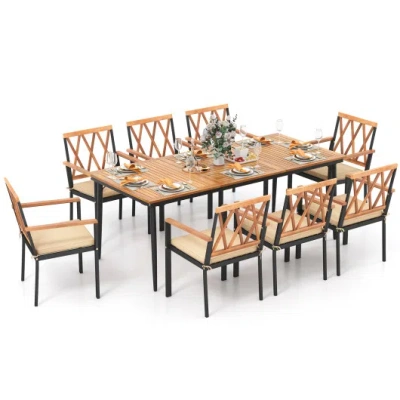 Costway 9 Pieces Patio Dining Set With 1.9 Inch Umbrella Hole And Seat Cushions In Brown
