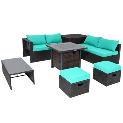 Costway 9 Pieces Patio Furniture Set With 32" Fire Pit Table And 50000 Btu Square Propane Fire Pit-turquoise In Black