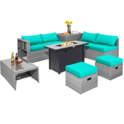 Costway 9 Pieces Patio Furniture Set With 42 Inches 60000 Btu Fire Pit-turquoise In Gray