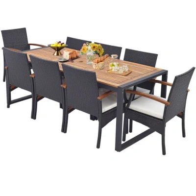 Costway 9 Pieces Patio Rattan Dining Set With Acacia Wood Table For Backyard, Garden-wood Handrail In Multi