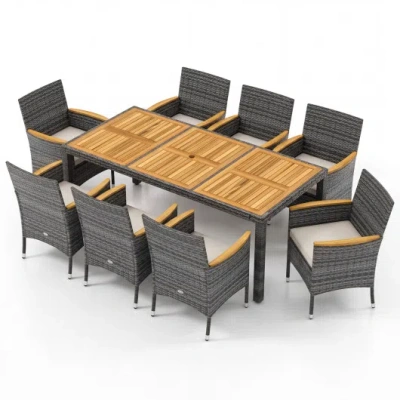 Costway 9 Pieces Rattan Patio Dining Set With Acacia Wood Table And Cushioned Chair In Black