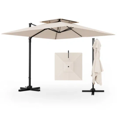 Costway 9.5 Feet Cantilever Patio Umbrella With 360° Rotation And Double Top-beige