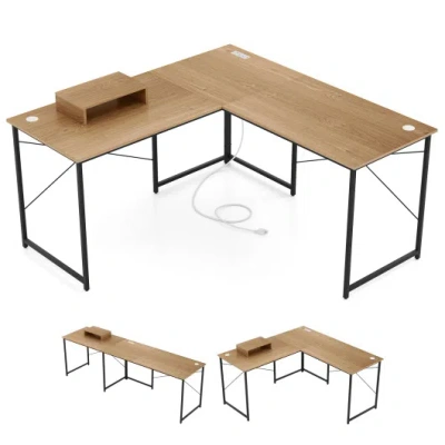 Costway 95 Inch 2-person L-shaped Long Reversible Computer Desk With Monitor Stand-natural In Brown