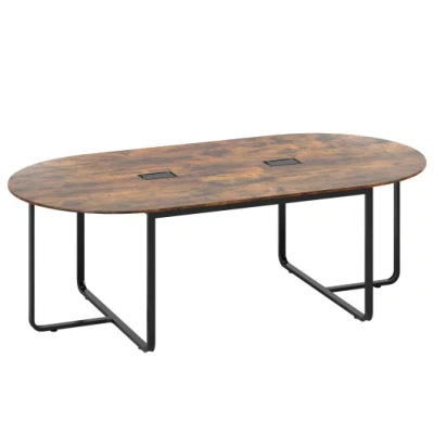 Costway 95 Inches Oval Conference Industrial Executive Table With Dual Cable Holes-rustic Brown