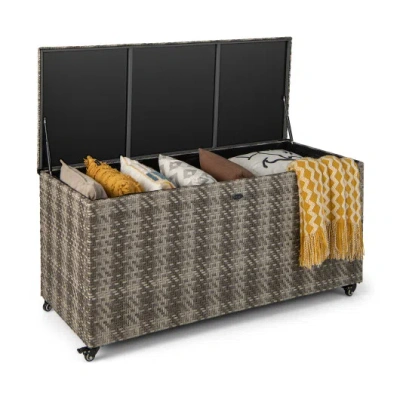Costway 96 Gallon Pe Wicker Outdoor Storage Box With 4 Wheels-gray In Black