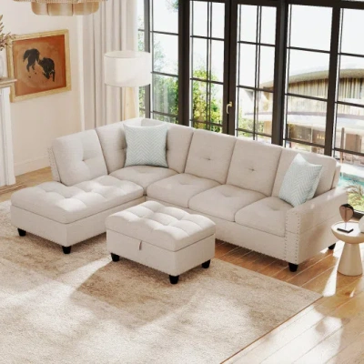 Costway 98 Inches Sectional Sofa Couch With Movable Storage Ottoman And Linen Fabric Backs-lr In Multi