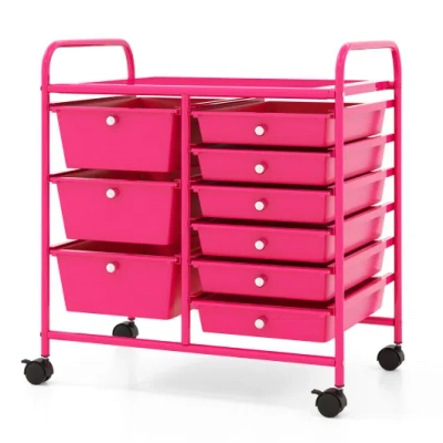 Costway 9-drawer Rolling Storage Cart With Colorful Drawers And Metal Frame-light Pink