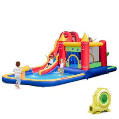 Costway 9-in-1 Inflatable Bounce Castle With Water Slide And Splash Pool With 735w Blower In Multi