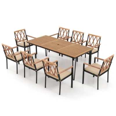 Costway 9-piece Patio Dining Set 35.5 Inch Acacia Wood Table With Umbrella Hole And 22.5-inch Wide Chairs In Brown