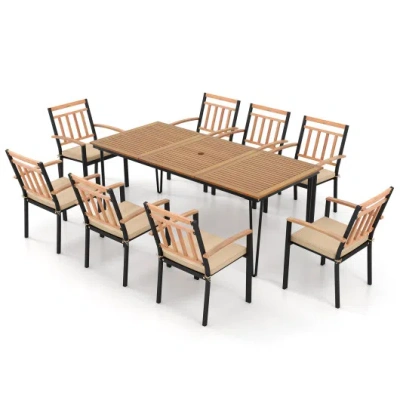 Costway 9-piece Patio Dining Set 35.5 Inch Acacia Wood Table With Umbrella Hole And 24-inch Wide Chairs In Brown