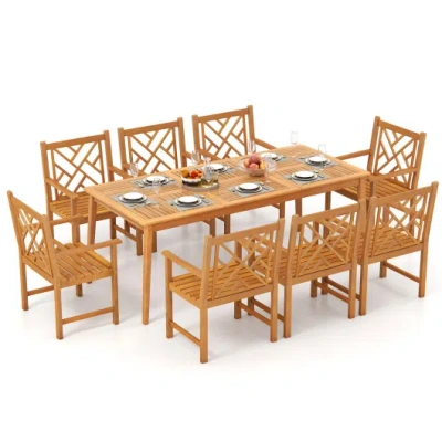 Costway 9-pieces Patio Dining Table Set Wood Rectangular Dining Table With 8 Chairs And Slatted Tabletop In Brown