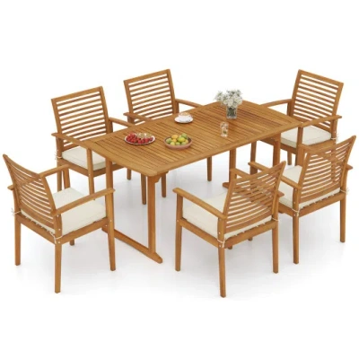 Costway Acacia Wood 7-piece Patio Dining Set With Umbrella Hole In Brown