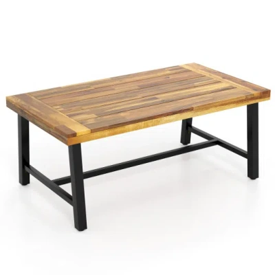 Costway Acacia Wood Coffee Table With Thickened Top And Heavy-duty Metal Legs In Brown