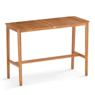 Costway Acacia Wood Counter Height Table With Slatted Tabletop And Footrest Crossbar In Brown