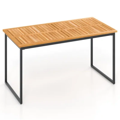 Costway Acacia Wood Dining Table For 6 People With Slatted Tabletop And Umbrella Hole In Brown