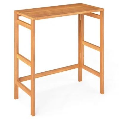 Costway Acacia Wood Outdoor Bar Table With Slatted Tabletop For Balcony In Brown