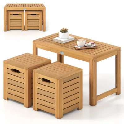 Costway Acacia Wood Outdoor Coffee Table With Stools Set Of 2 3 Pieces Patio Table And Stools Set In Brown